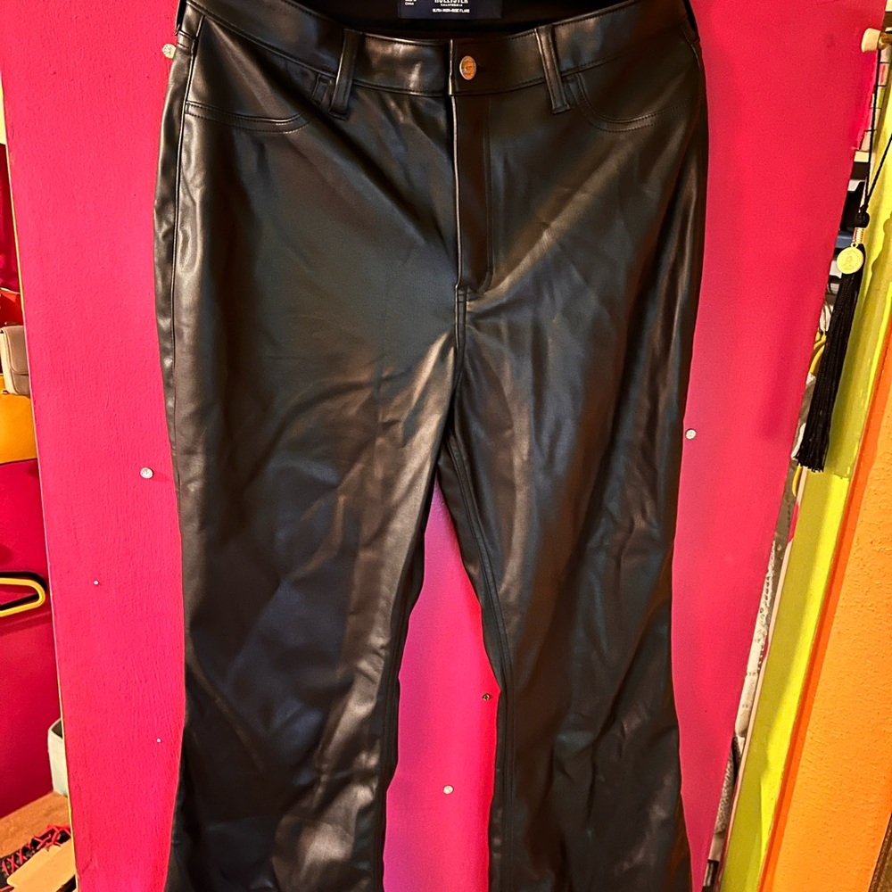 Ultra high rise flare black pleather pants NWT